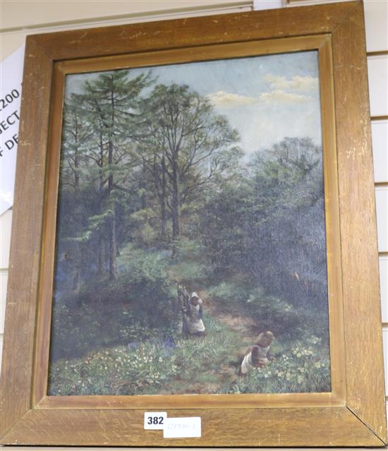 F. Hollis, oil on canvas, picking wild flowers in woodland, signed and dated 88, 20 x 16in.